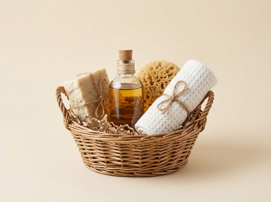 Panier de soins pour le bain : savon, huile, éponge