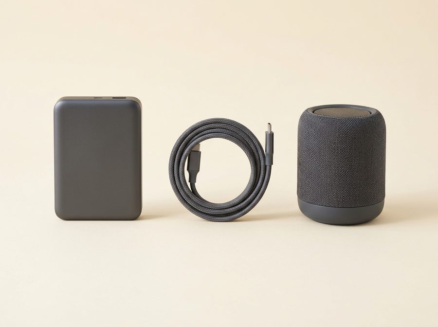 Batterie externe, câble tressé et petite enceinte